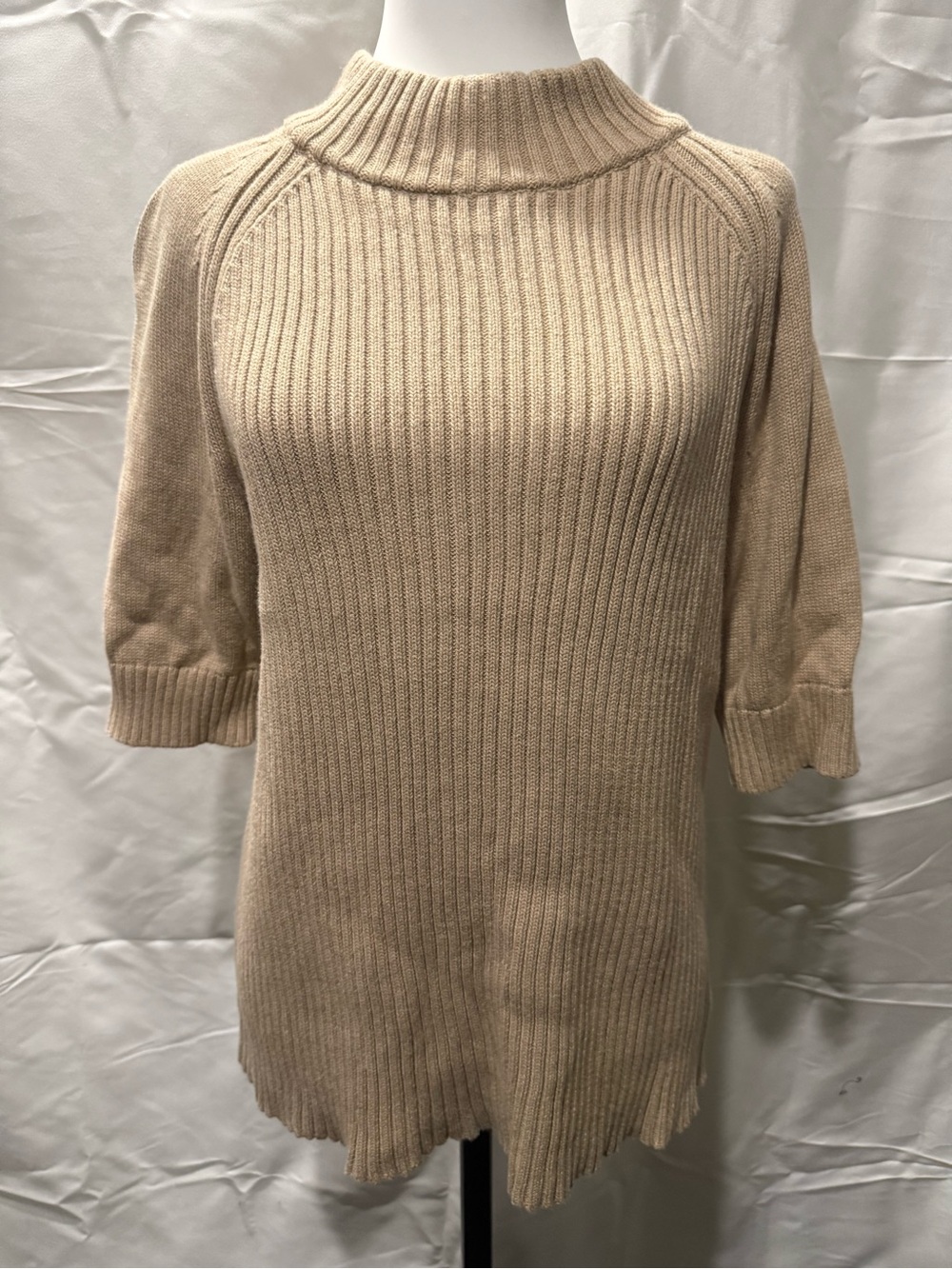 Lands' End Ribbed Mock Neck Short-Sleeve Sweater in Beige